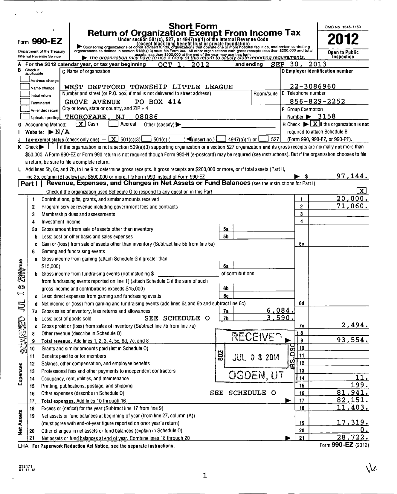 Image of first page of 2012 Form 990EZ for Little League Baseball - West Deptford Little League