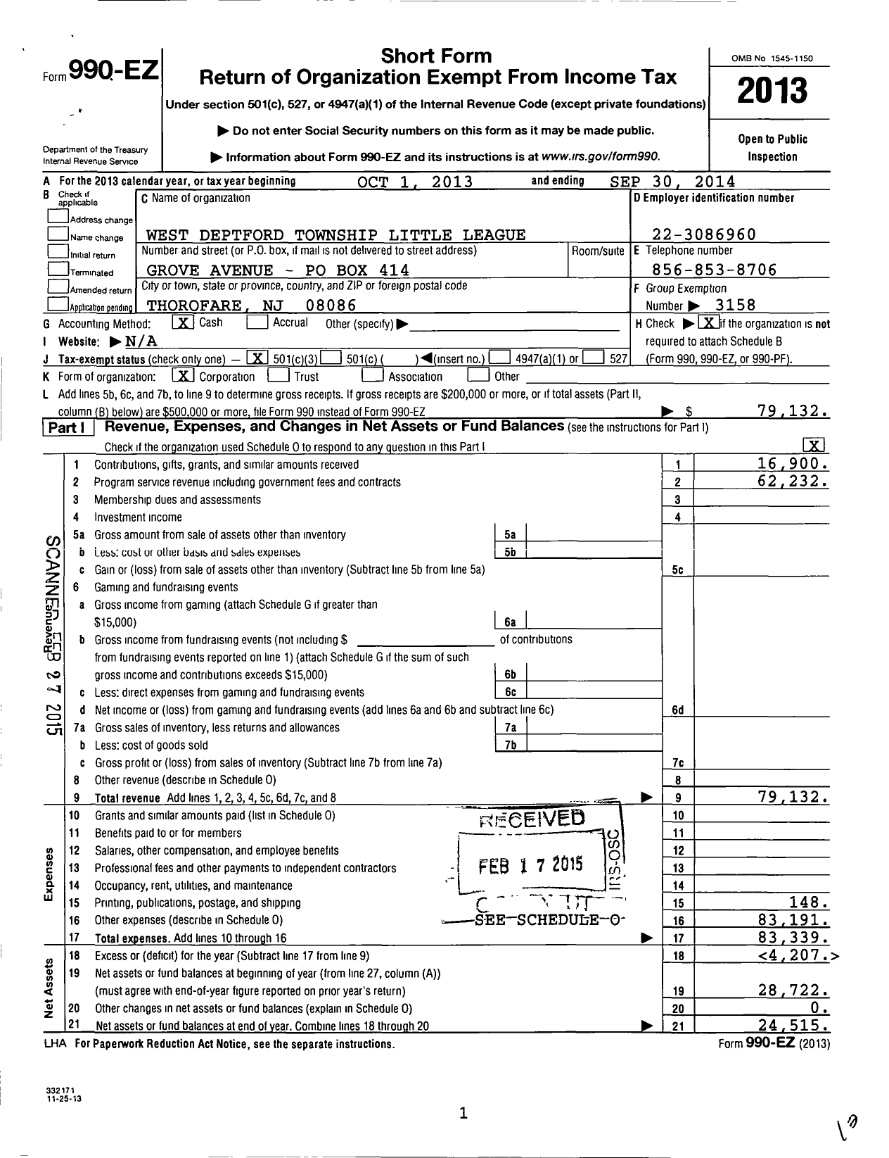 Image of first page of 2013 Form 990EZ for Little League Baseball - West Deptford Little League