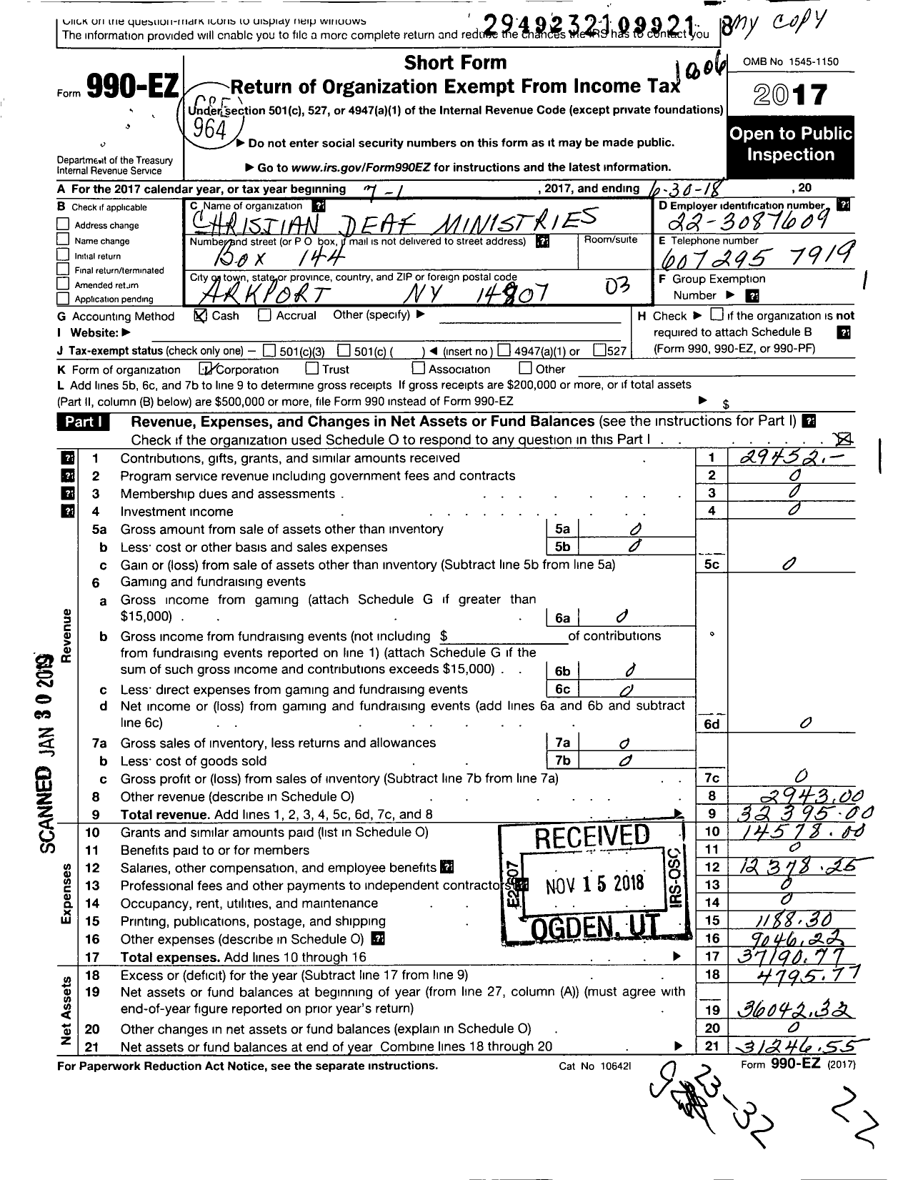 Image of first page of 2017 Form 990EZ for Christian Deaf Ministries