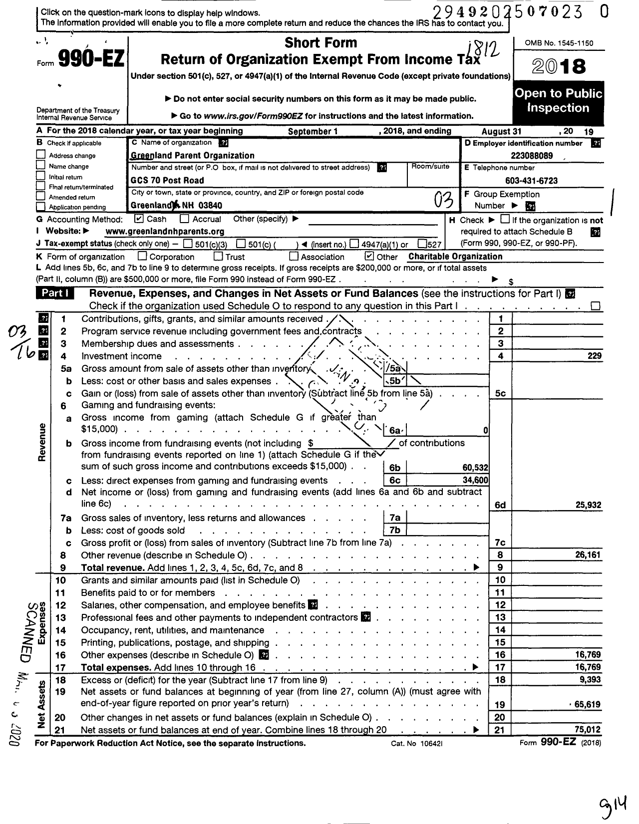 Image of first page of 2019 Form 990EZ for Greenland Parent Organization