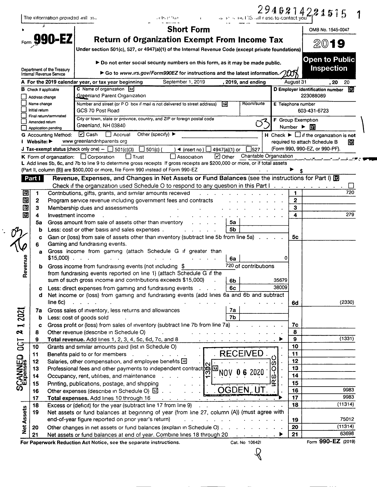 Image of first page of 2019 Form 990EZ for Greenland Parent Organization