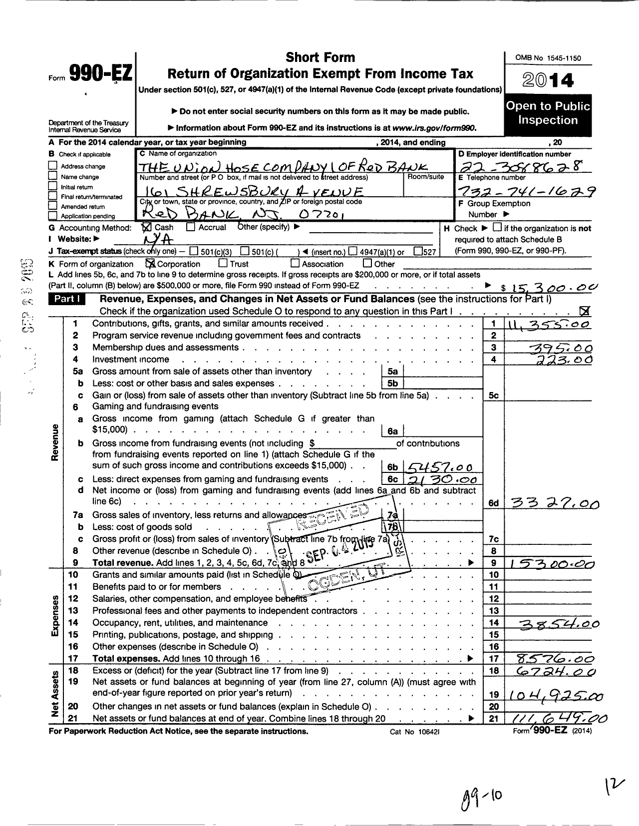 Image of first page of 2014 Form 990EO for Union Hose Company No 1 of Red Bank