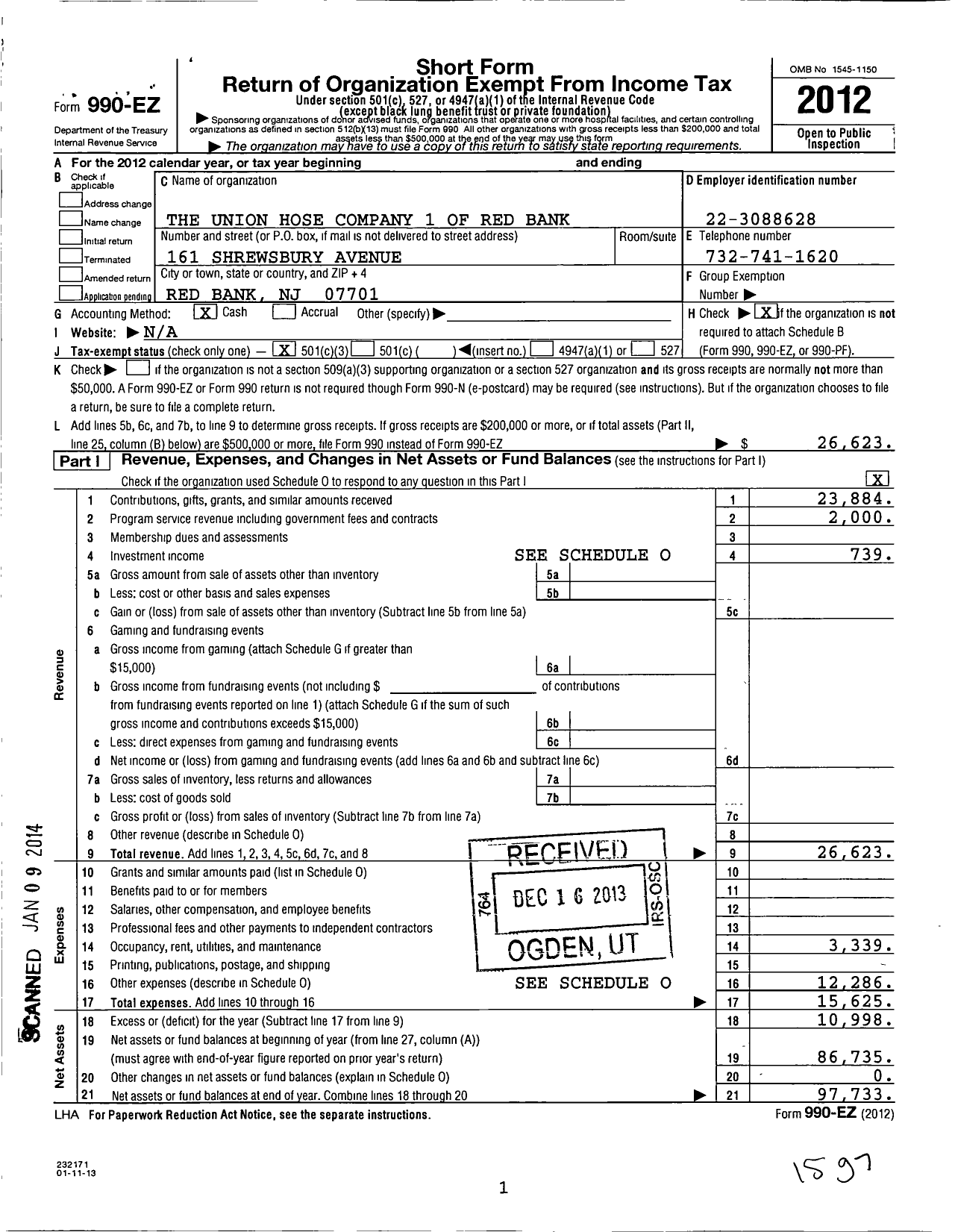 Image of first page of 2012 Form 990EZ for Union Hose Company No 1 of Red Bank