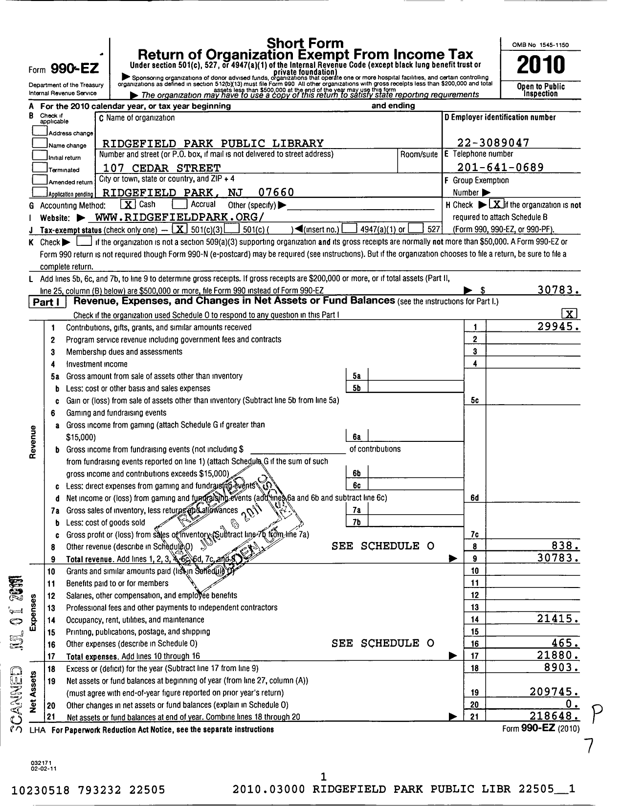 Image of first page of 2010 Form 990EZ for Trustees of the Free Public Library Ridgefield Park Public Library