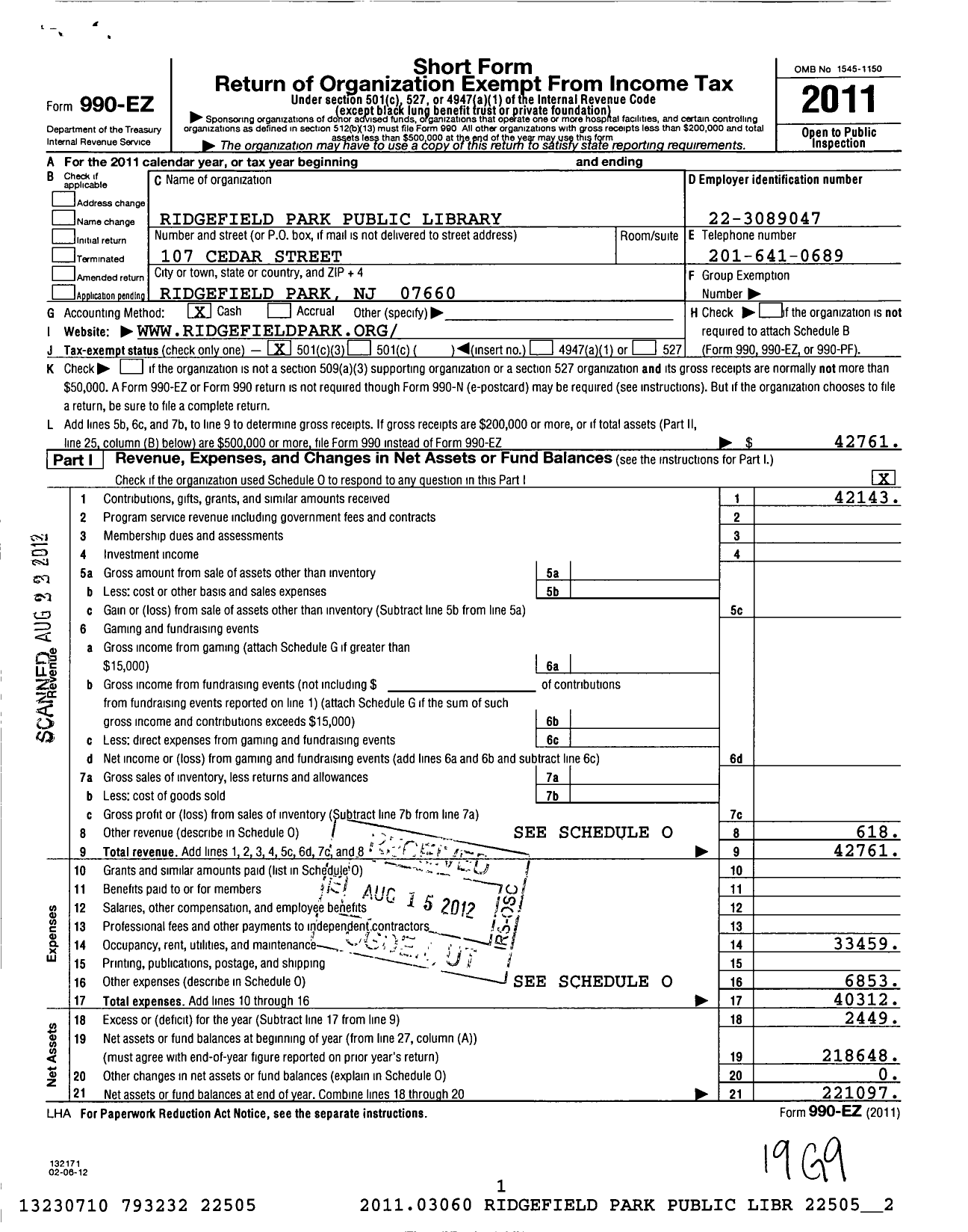 Image of first page of 2011 Form 990EZ for Trustees of the Free Public Library Ridgefield Park Public Library