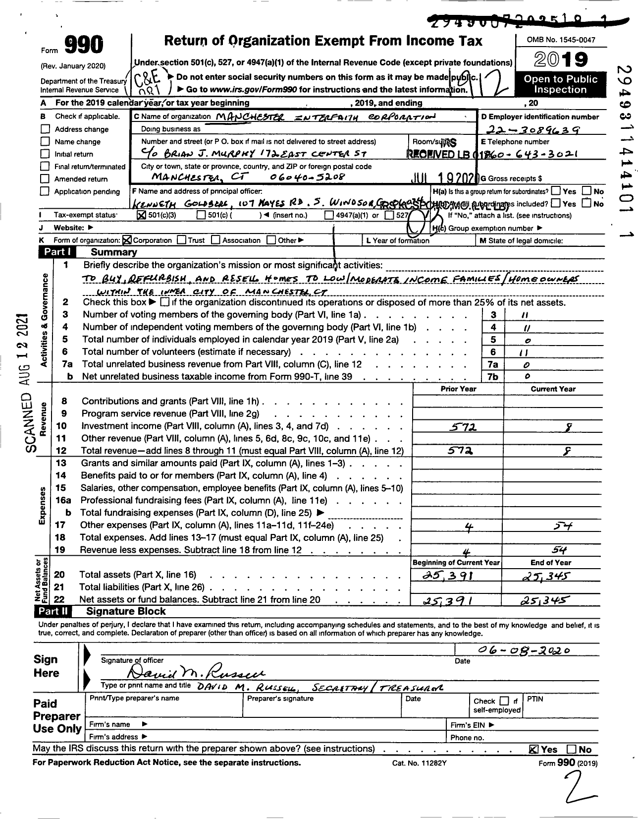 Image of first page of 2019 Form 990 for Manchester Interfaith Corporation