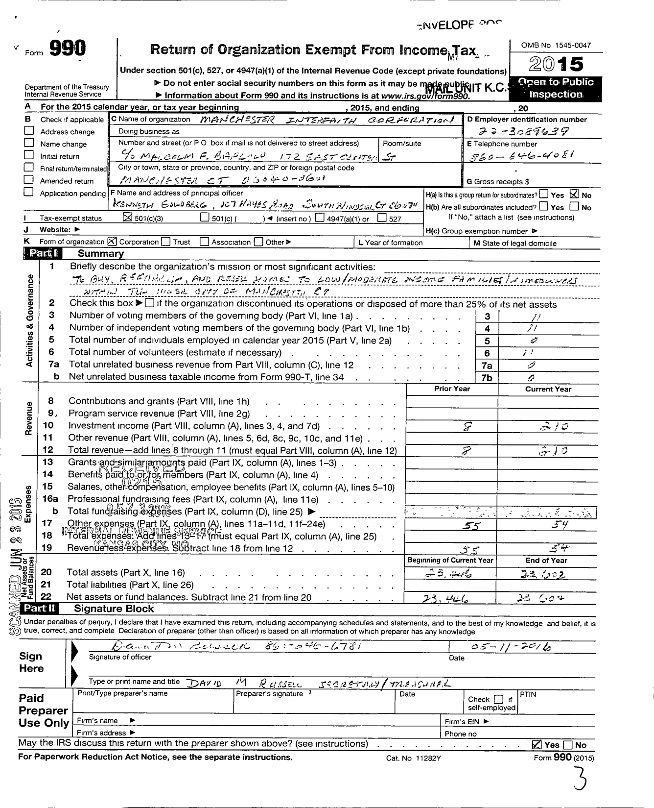 Image of first page of 2015 Form 990 for Manchester Interfaith Corporation