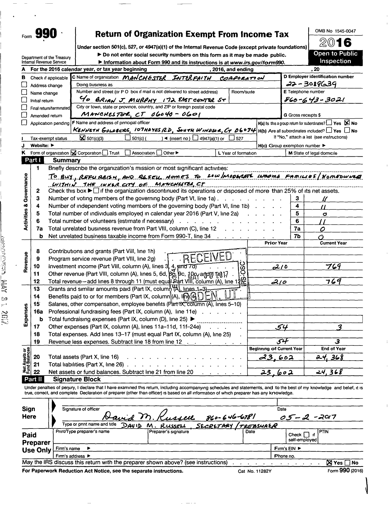 Image of first page of 2016 Form 990 for Manchester Interfaith Corporation