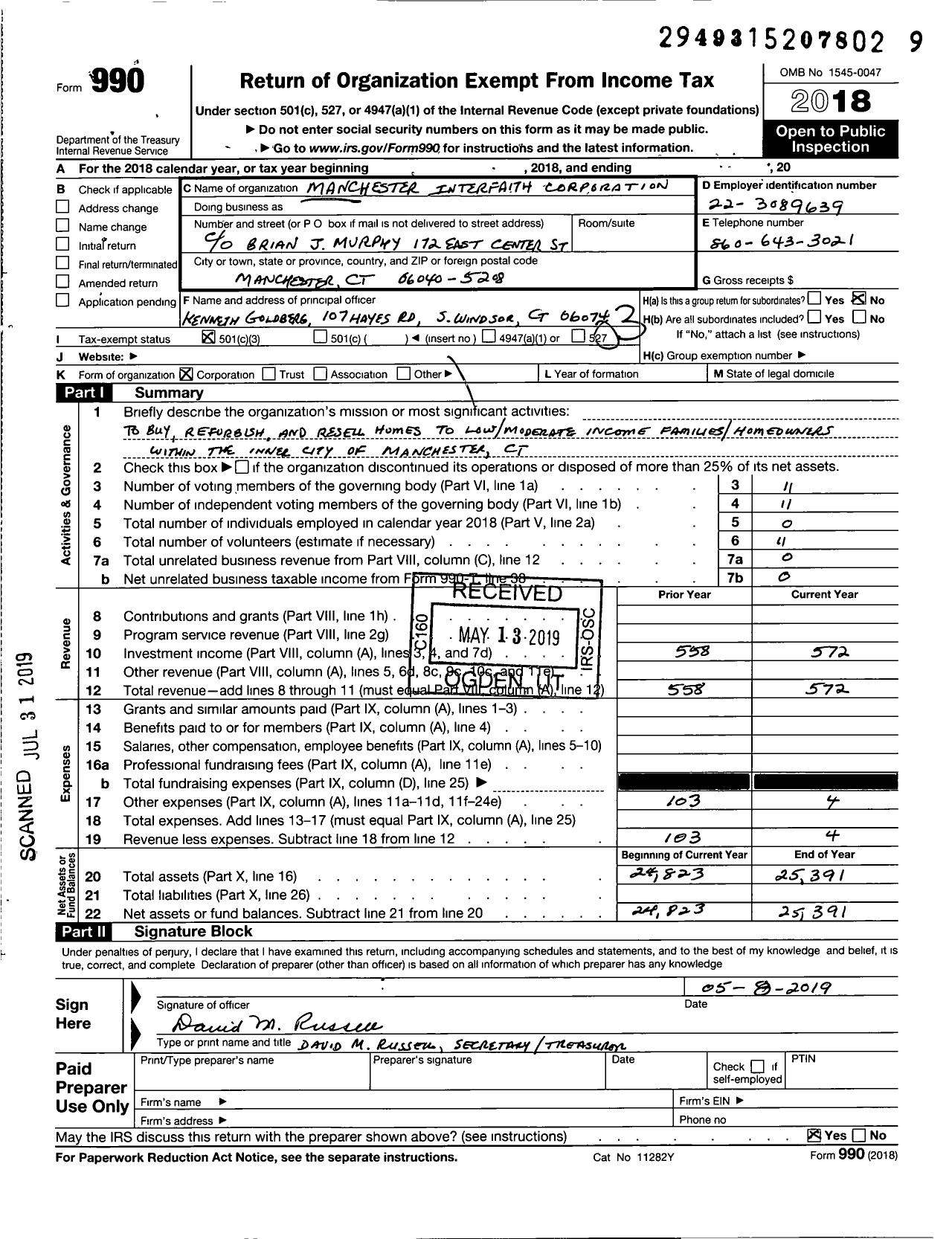 Image of first page of 2018 Form 990 for Manchester Interfaith Corporation