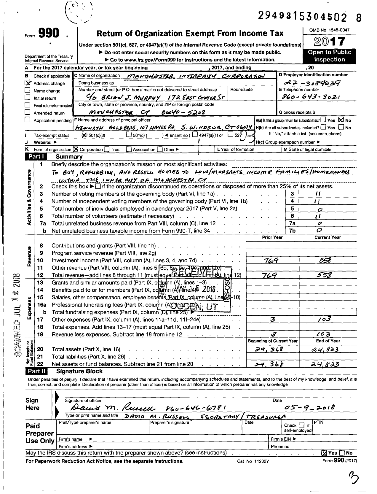 Image of first page of 2017 Form 990 for Manchester Interfaith Corporation