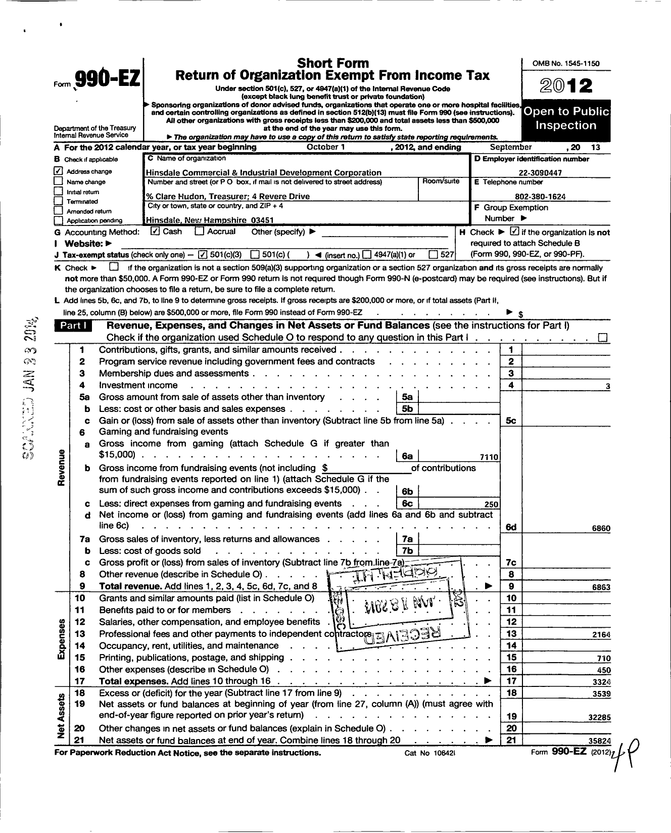 Image of first page of 2012 Form 990EZ for Hinsdale Commercial and Industrial Development Corporation