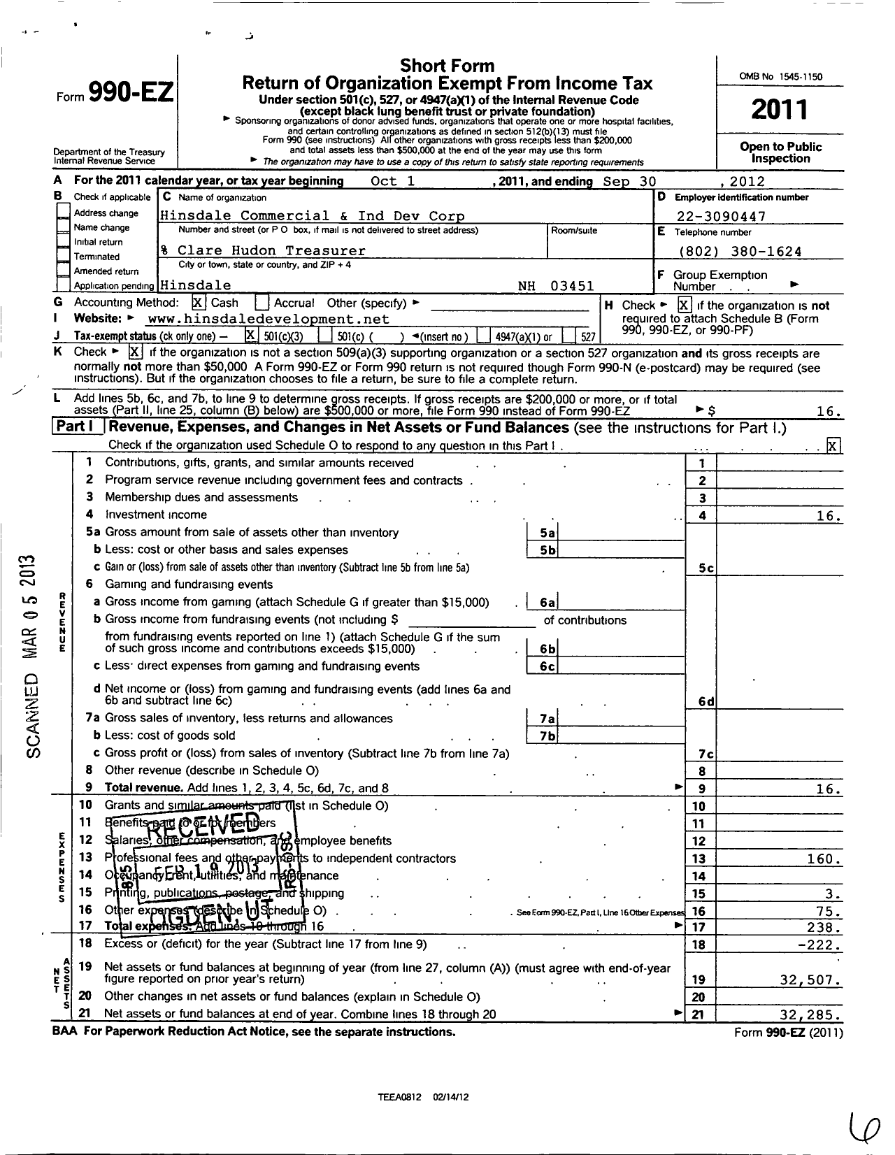 Image of first page of 2011 Form 990EZ for Hinsdale Commercial and Industrial Development Corporation