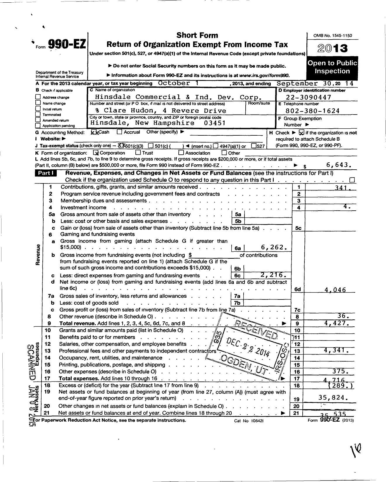 Image of first page of 2013 Form 990EZ for Hinsdale Commercial and Industrial Development Corporation