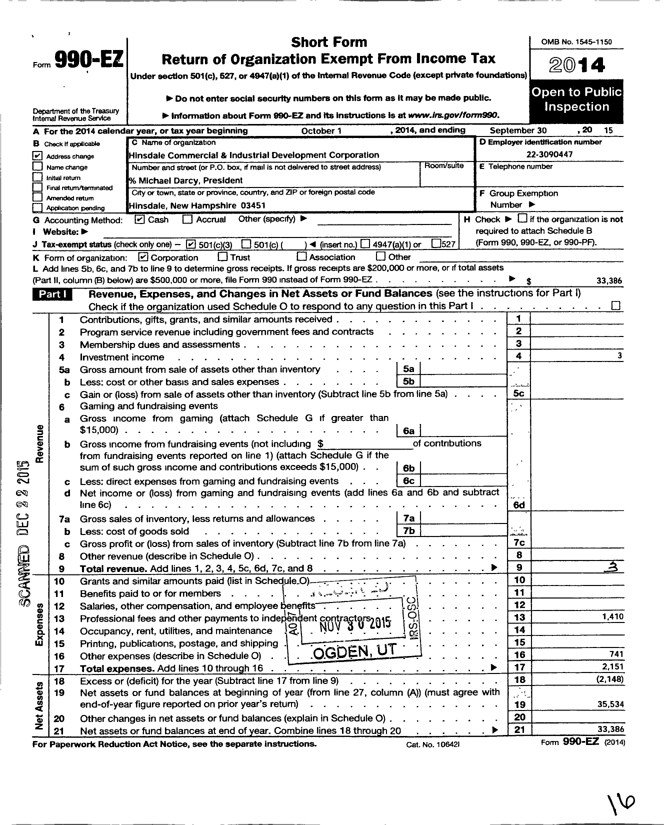 Image of first page of 2014 Form 990EZ for Hinsdale Commercial and Industrial Development Corporation