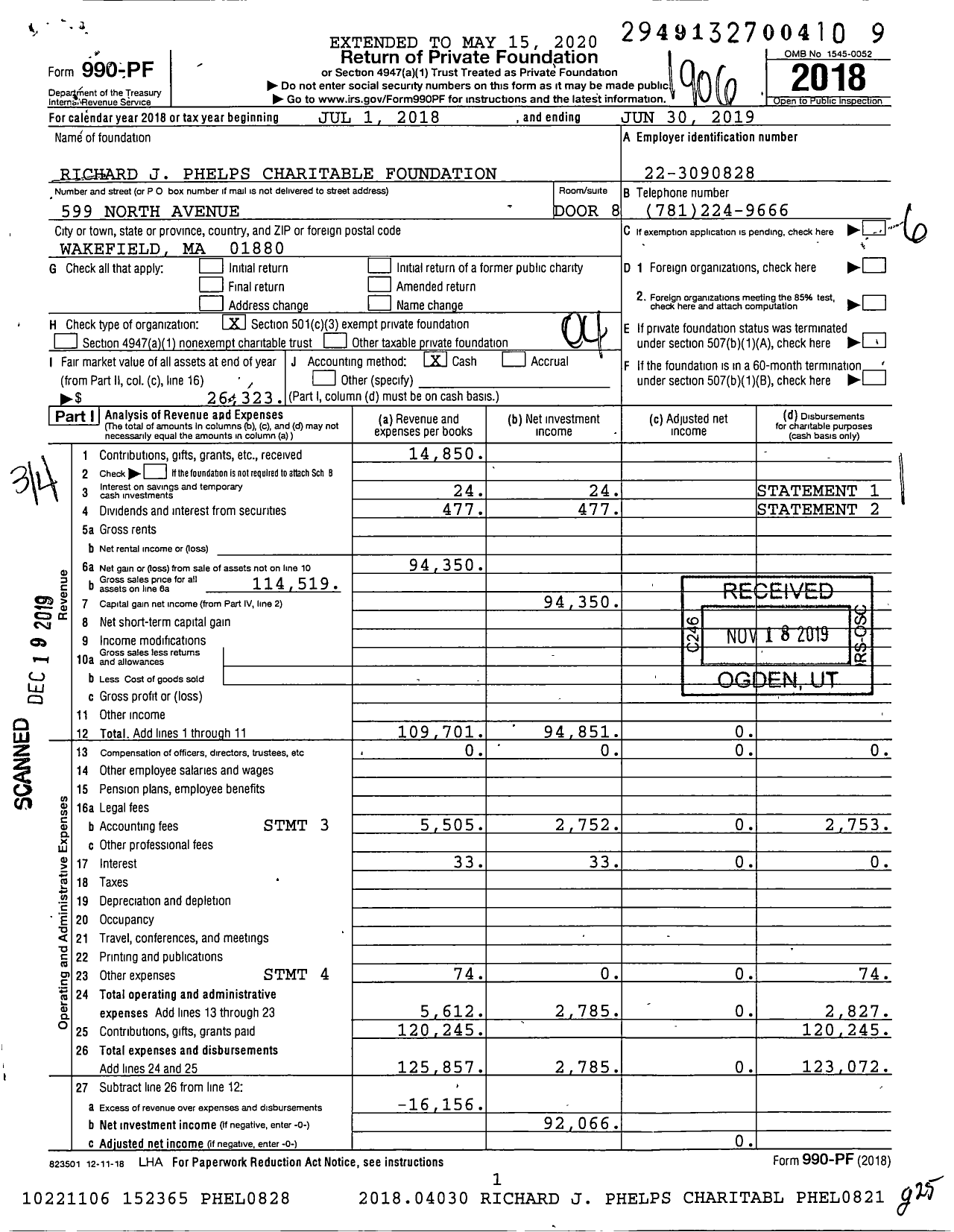 Image of first page of 2018 Form 990PF for Richard J Phelps Charitable Foundation