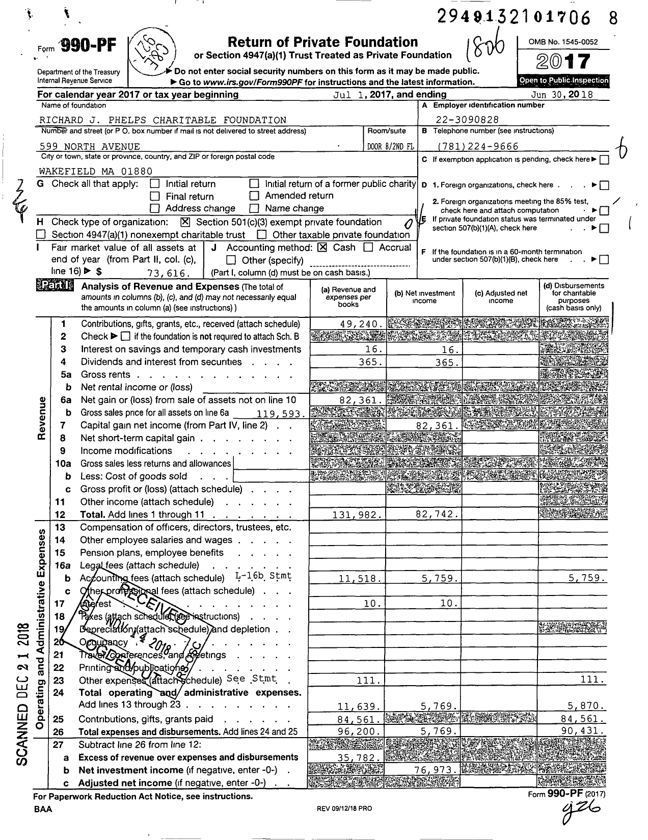 Image of first page of 2017 Form 990PF for Richard J Phelps Charitable Foundation