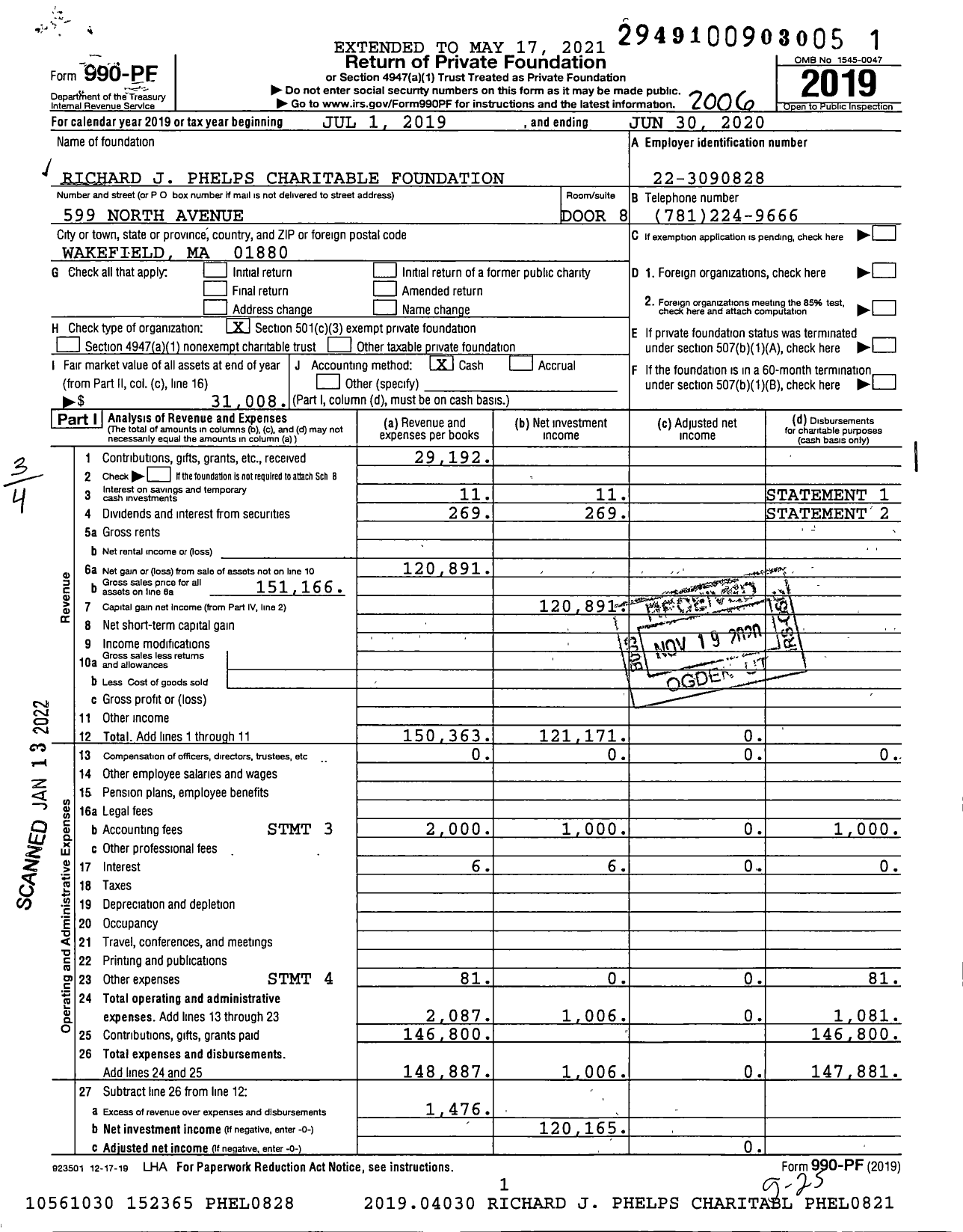 Image of first page of 2019 Form 990PF for Richard J Phelps Charitable Foundation