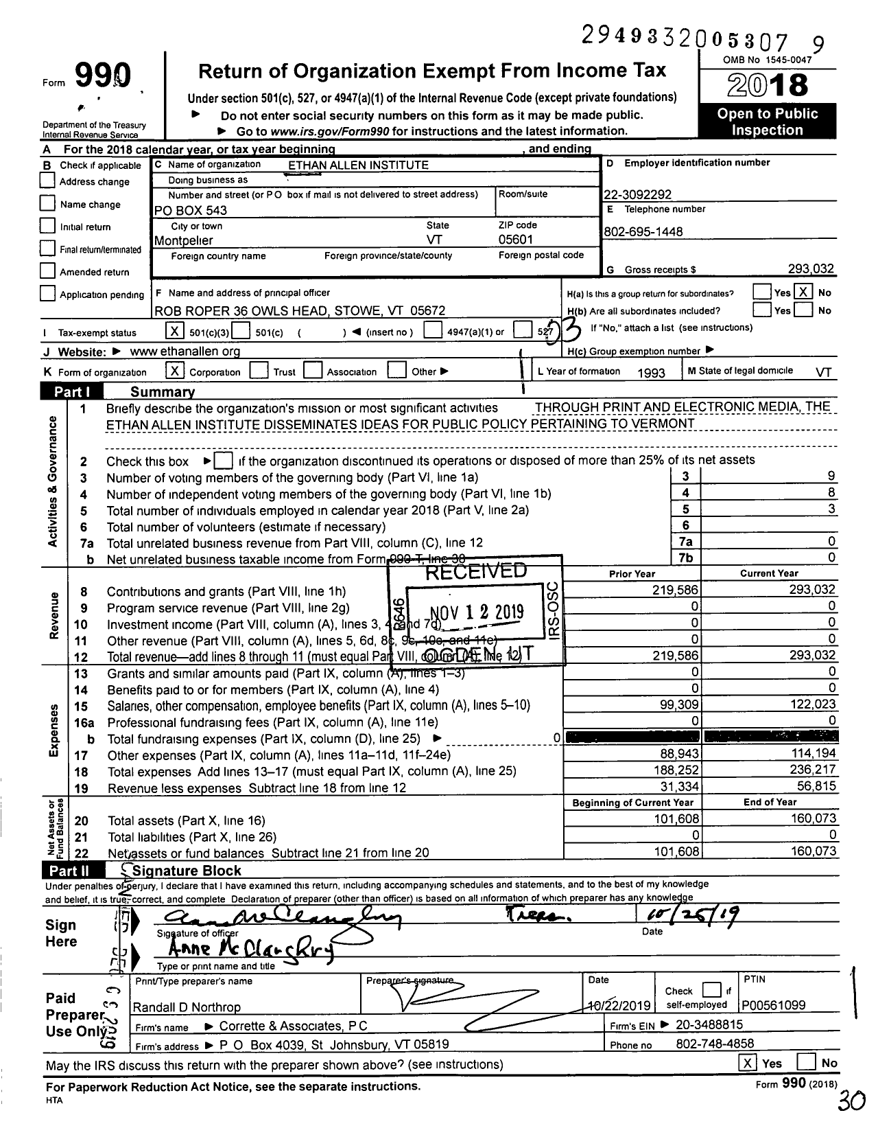 Image of first page of 2018 Form 990 for Ethan Allen Institute