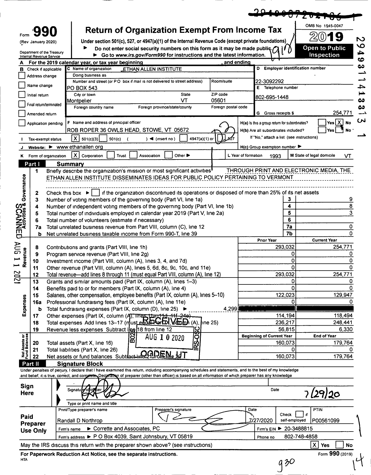 Image of first page of 2019 Form 990 for Ethan Allen Institute