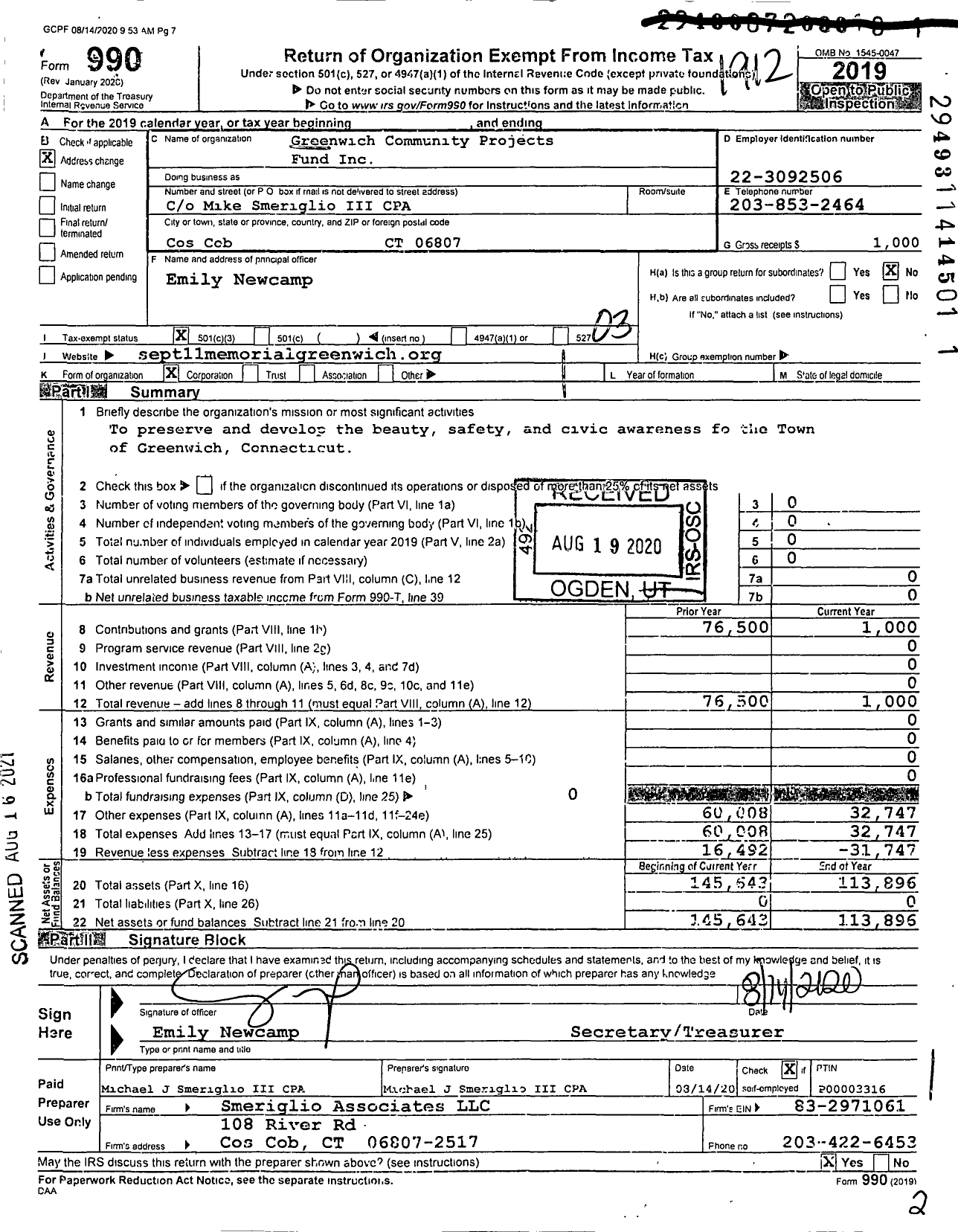 Image of first page of 2019 Form 990 for Greenwich Community Projects Fund