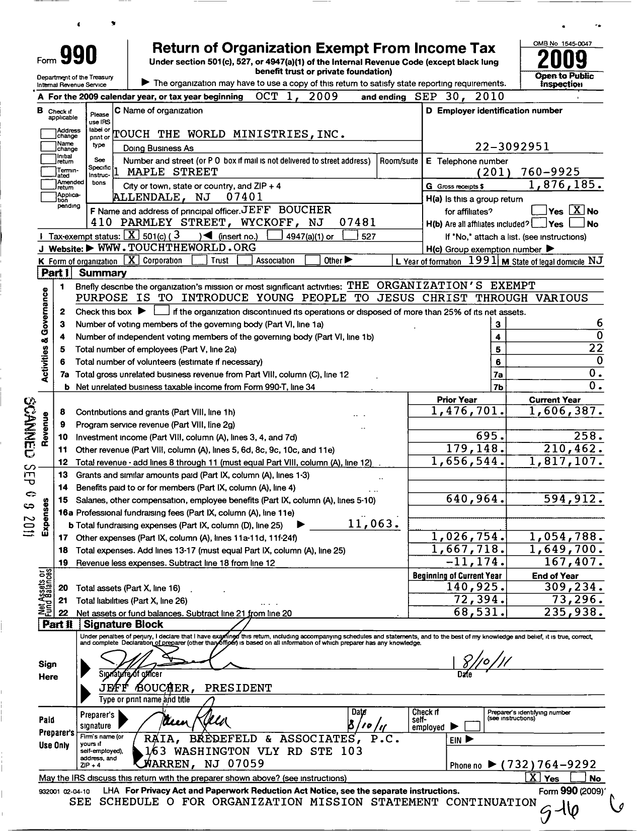 Image of first page of 2009 Form 990 for Touch the World (TTW)