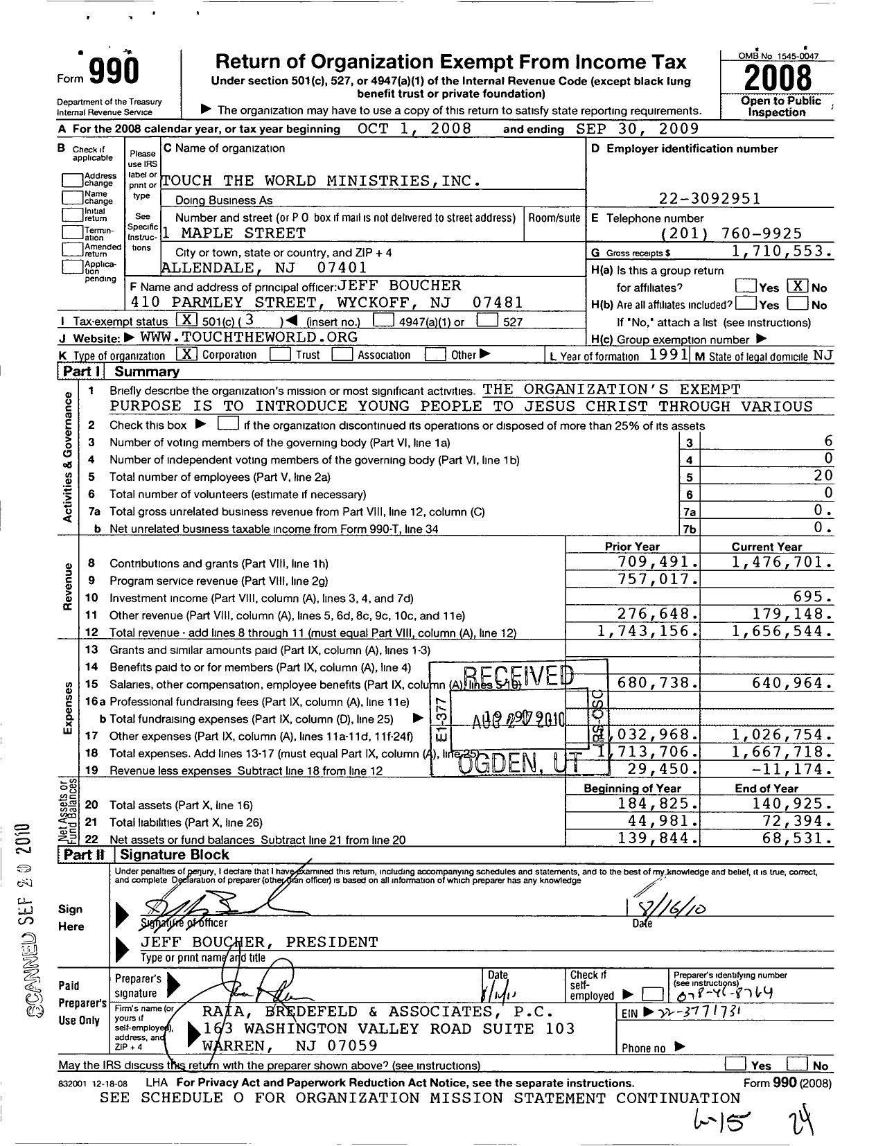 Image of first page of 2008 Form 990 for Touch the World (TTW)