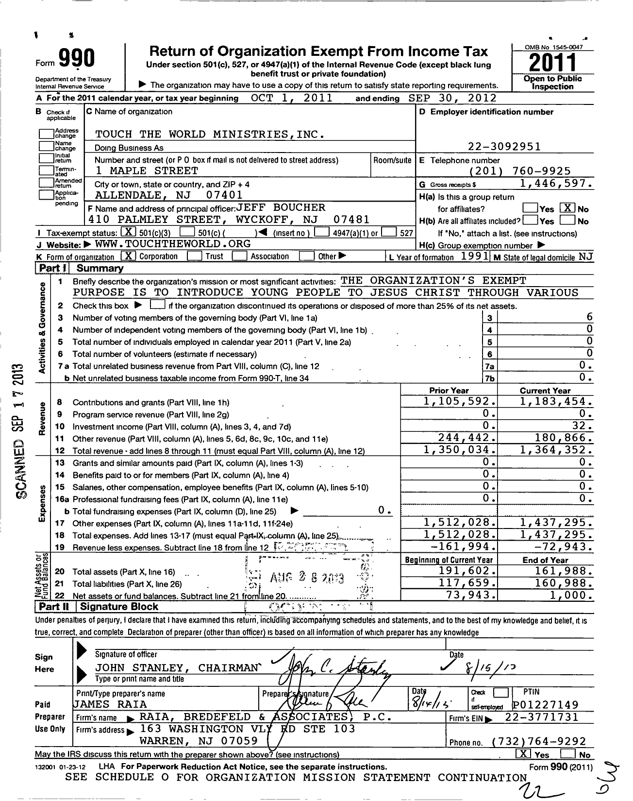 Image of first page of 2011 Form 990 for Touch the World (TTW)