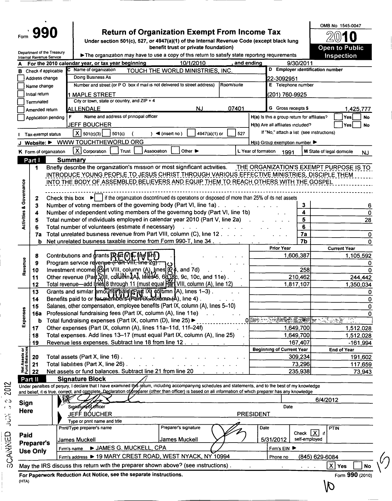 Image of first page of 2010 Form 990 for Touch the World (TTW)