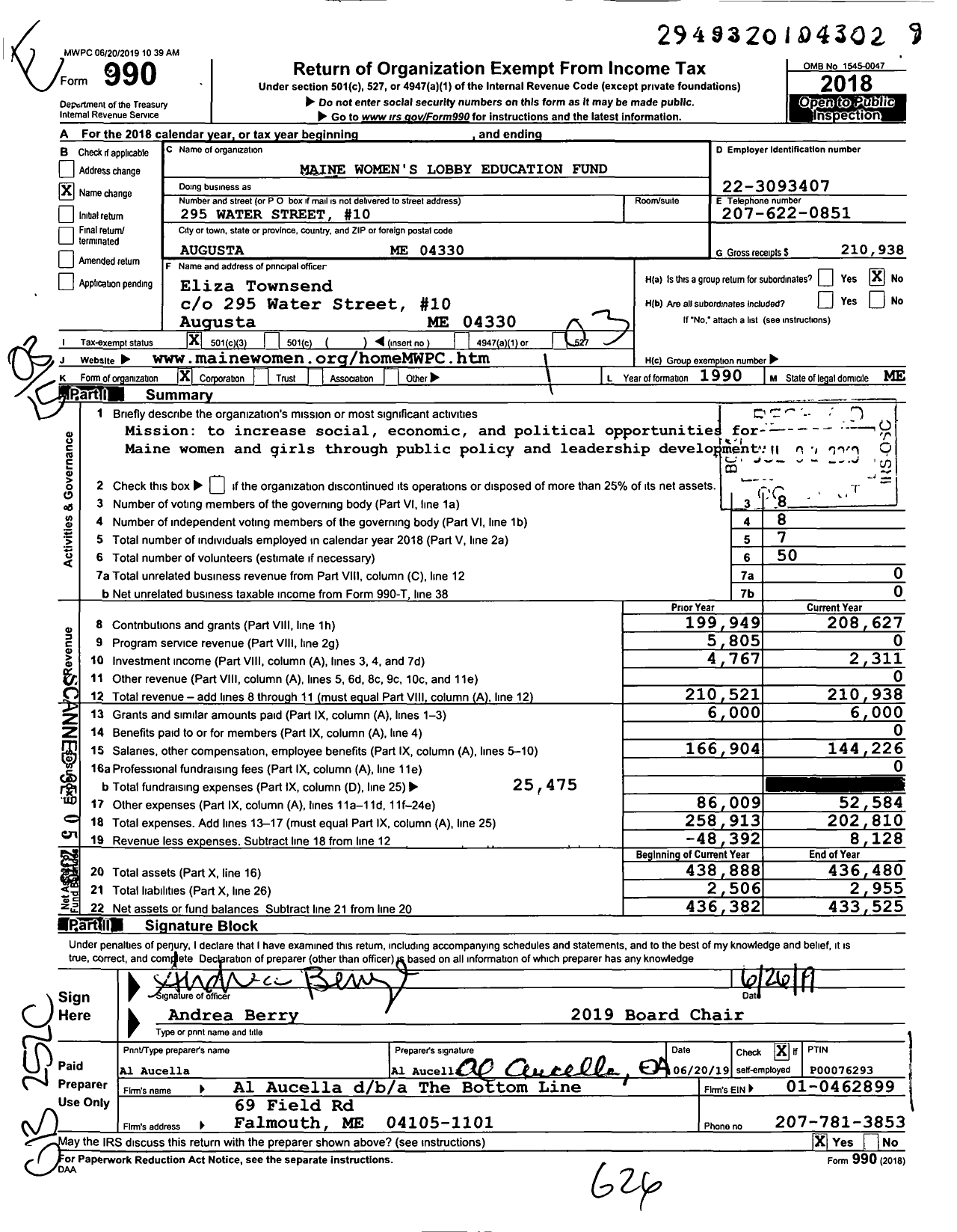 Image of first page of 2018 Form 990 for Maine Women's Lobby Education Fund