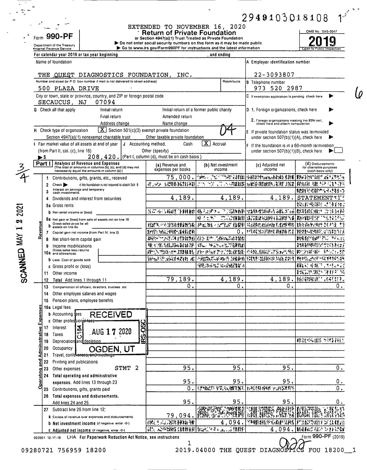 Image of first page of 2019 Form 990PF for Quest Diagnostics Foundation