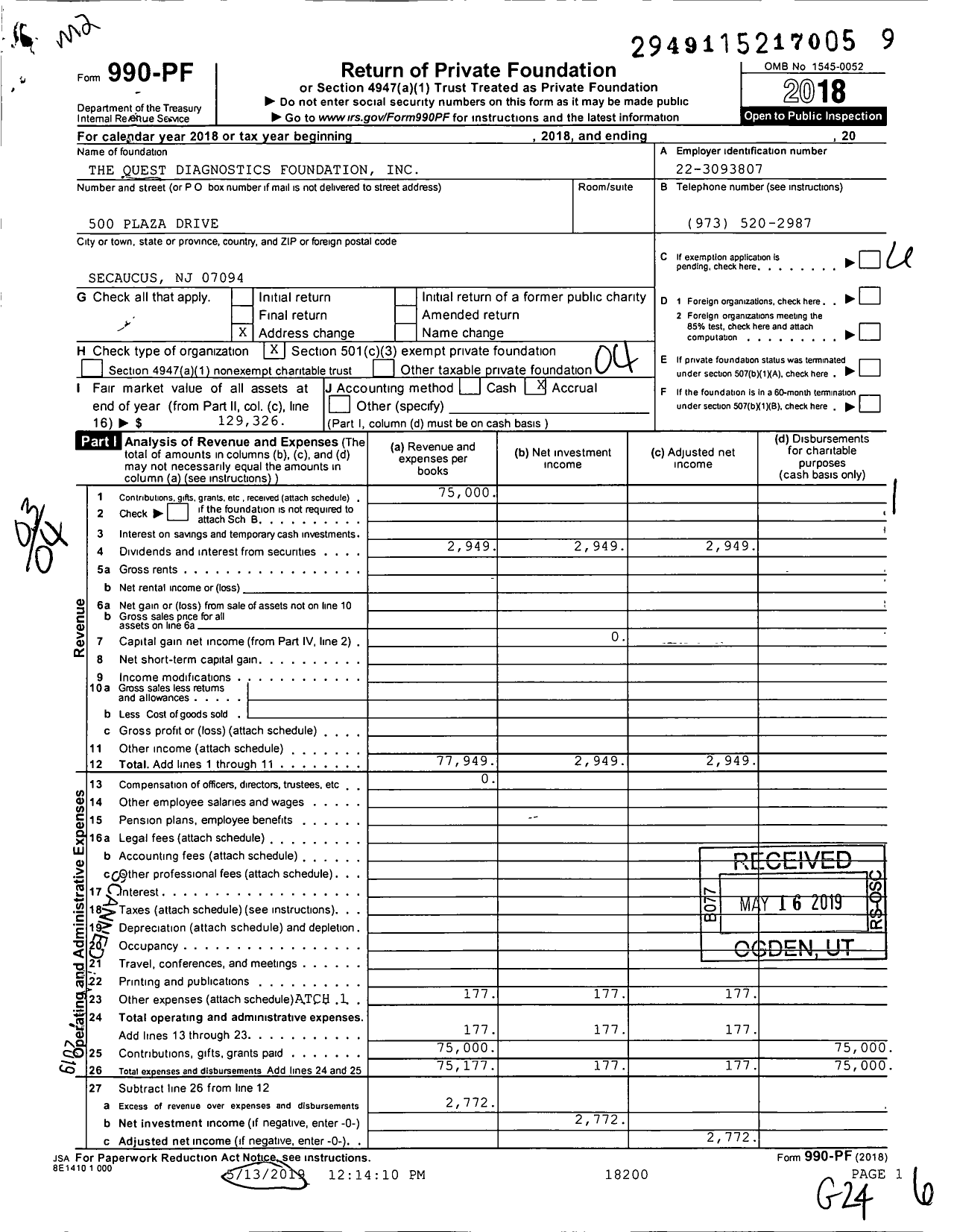 Image of first page of 2018 Form 990PF for Quest Diagnostics Foundation