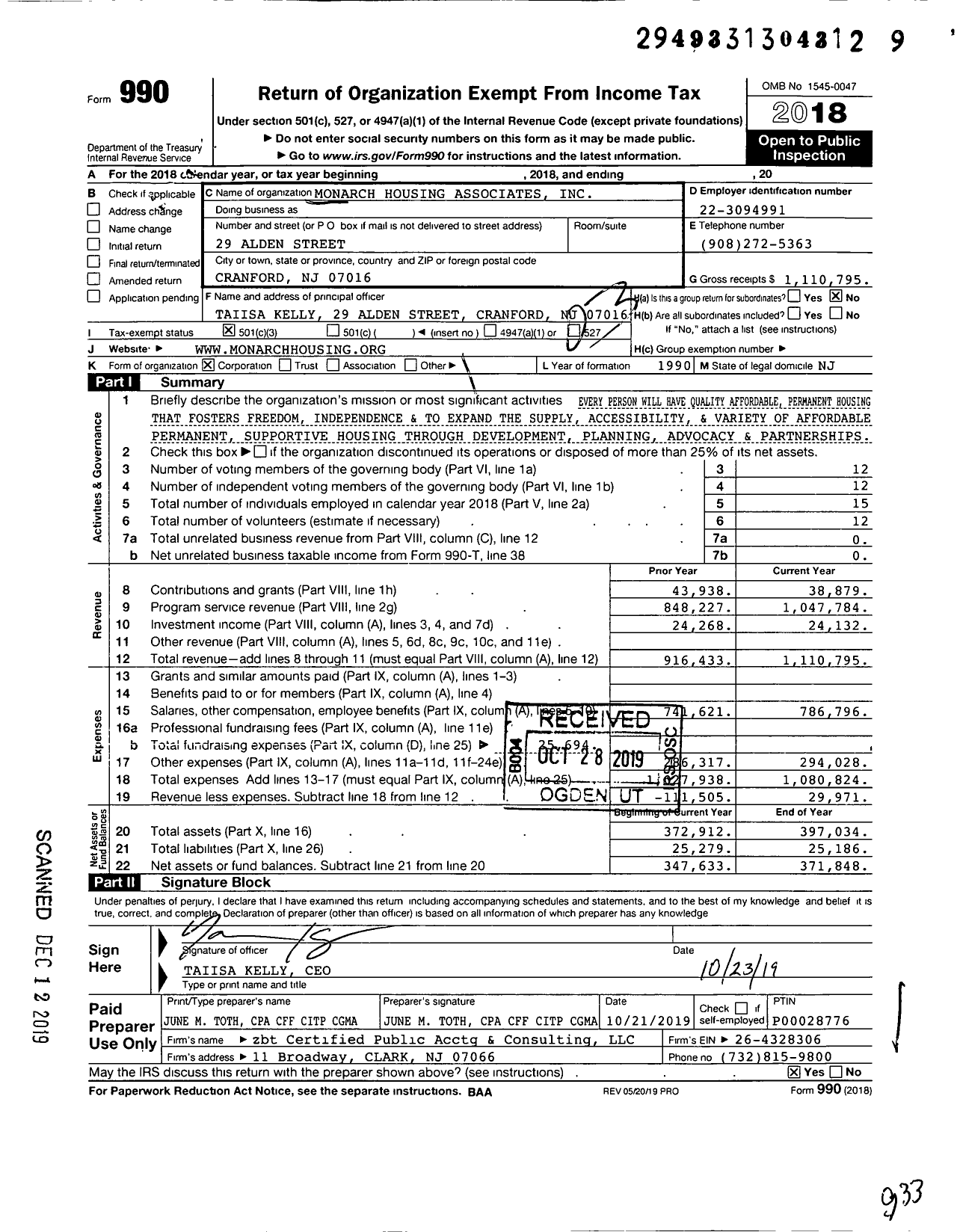 Image of first page of 2018 Form 990 for Monarch Housing Associates