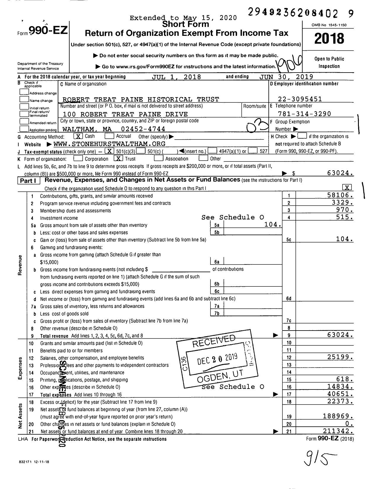 Image of first page of 2018 Form 990EZ for Robert Treat Paine Historical Trust