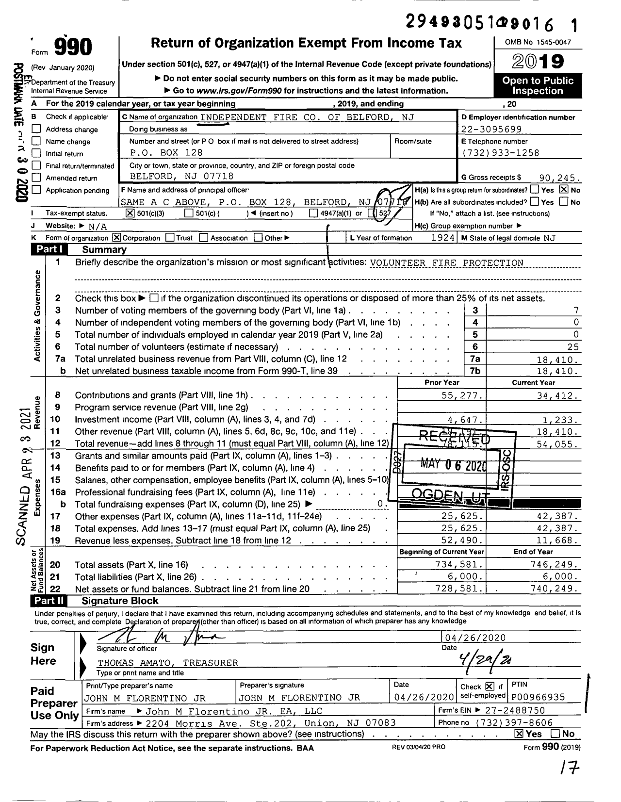 Image of first page of 2019 Form 990 for Independent Fire of Belford NJ