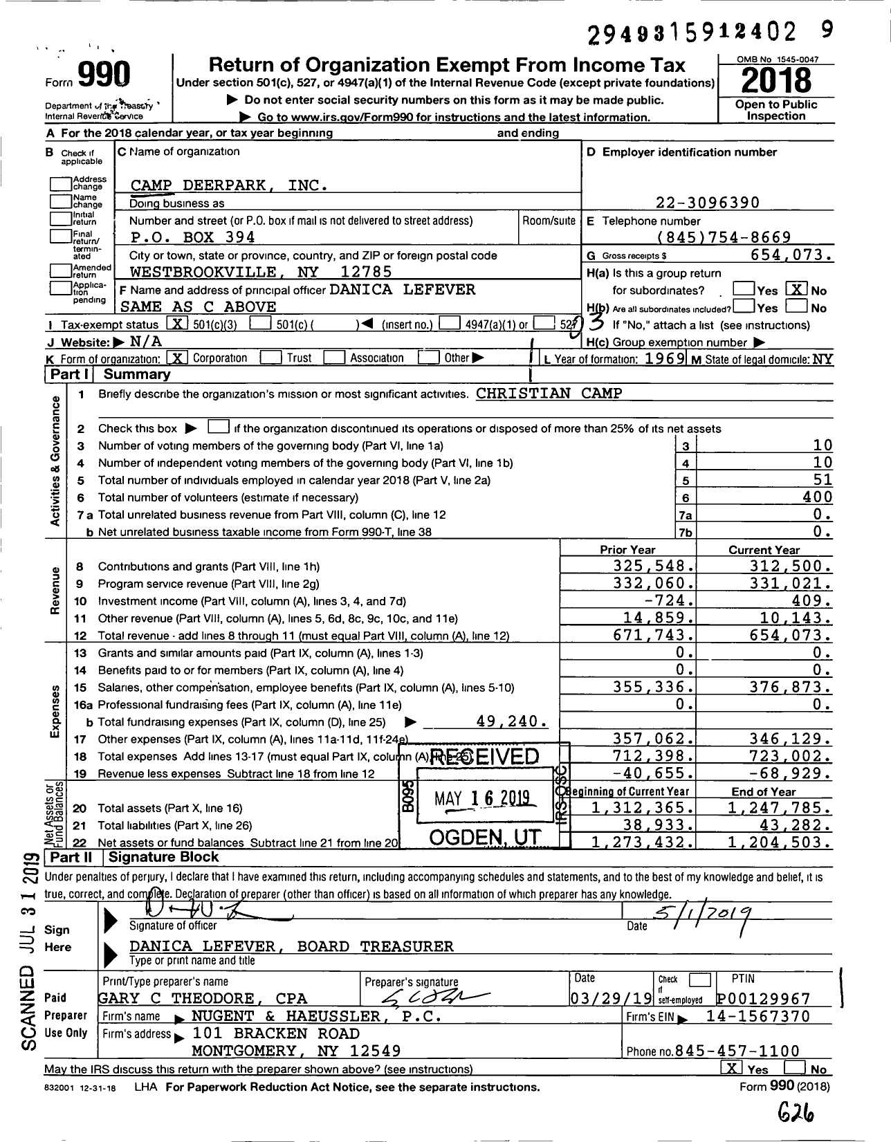Image of first page of 2018 Form 990 for Camp Deerpark