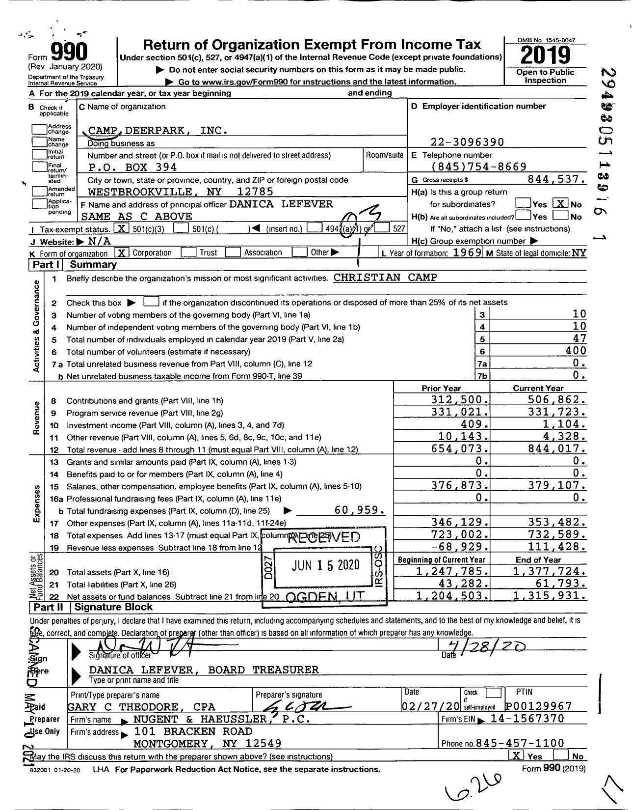Image of first page of 2019 Form 990 for Camp Deerpark