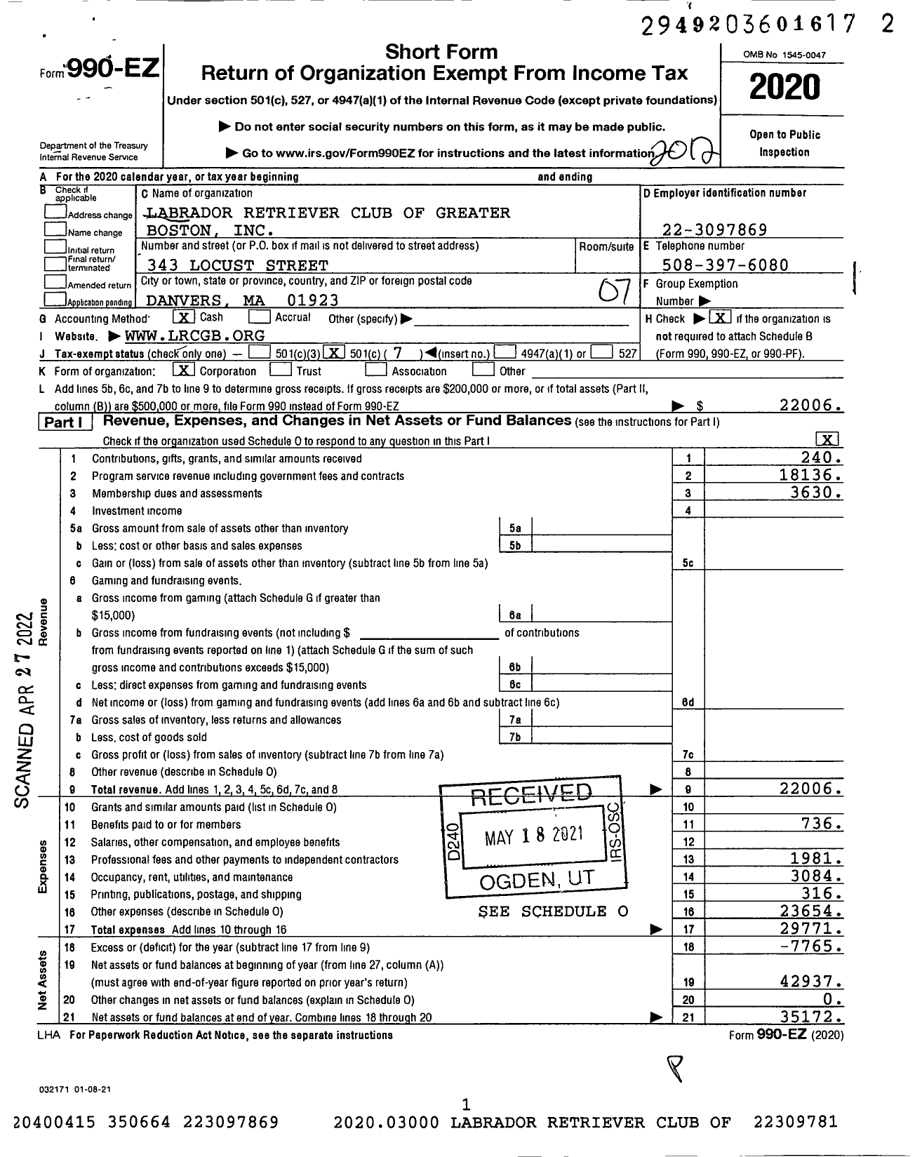 Image of first page of 2020 Form 990EO for Labrador Retriever Club of Greater Boston