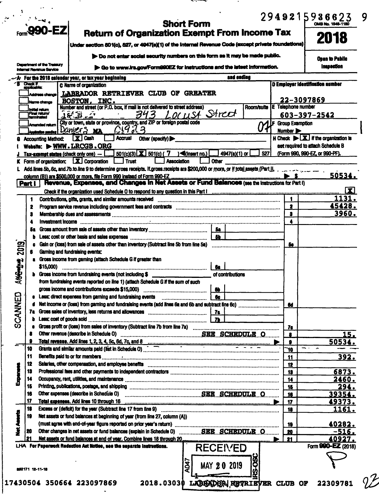 Image of first page of 2018 Form 990EO for Labrador Retriever Club of Greater Boston