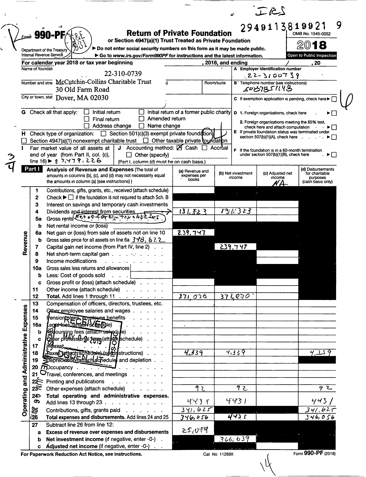Image of first page of 2018 Form 990PF for Mccutchin-Collins Charitable Trust Mass 031292