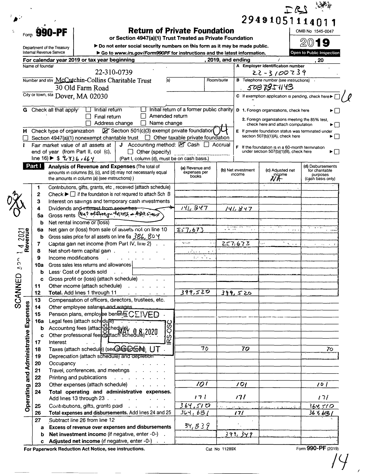 Image of first page of 2019 Form 990PF for Mccutchin-Collins Charitable Trust Mass 031292