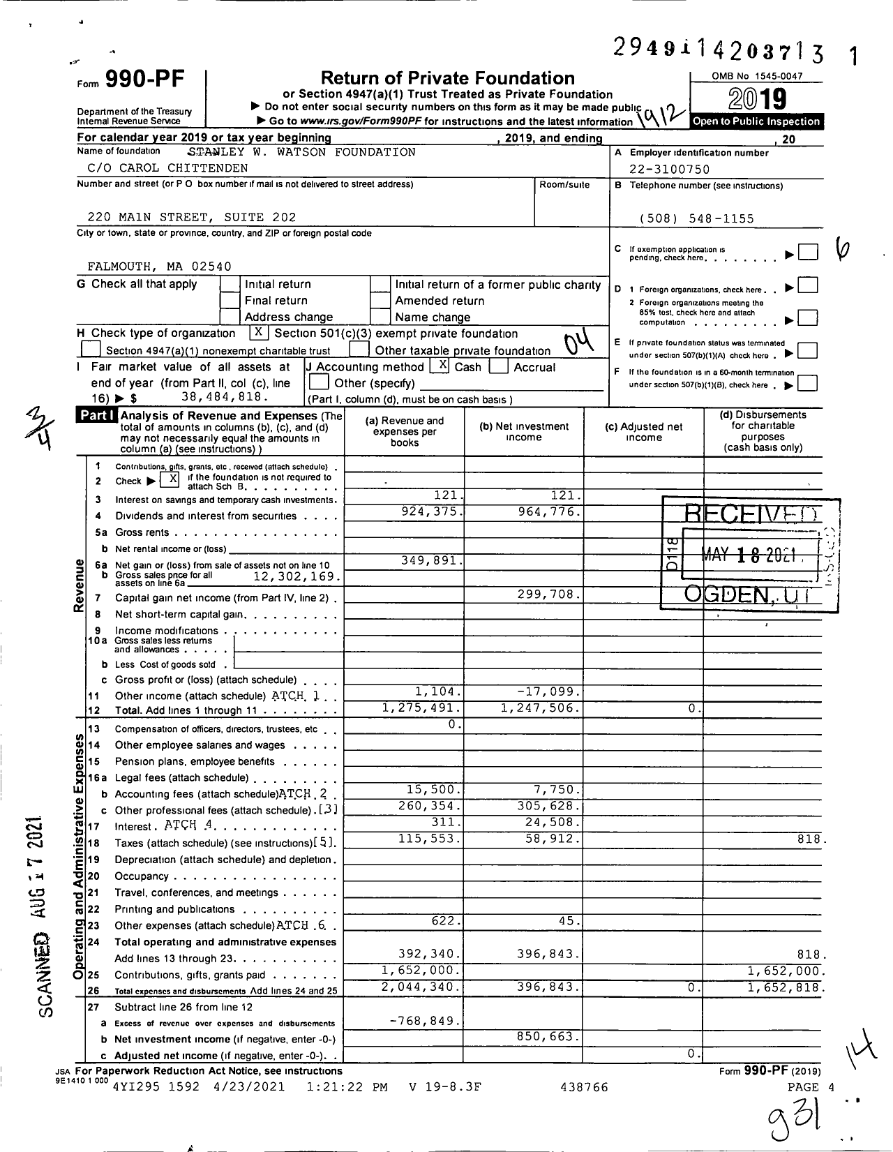 Image of first page of 2019 Form 990PF for Stanley W. Watson Foundation
