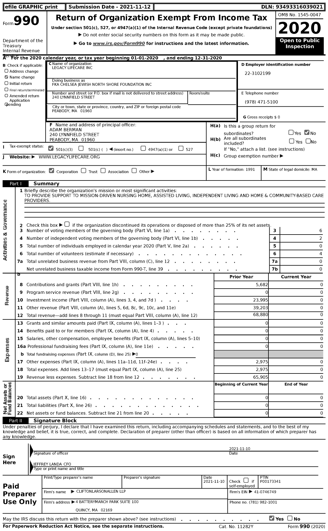 Image of first page of 2020 Form 990 for Legacy Lifecare