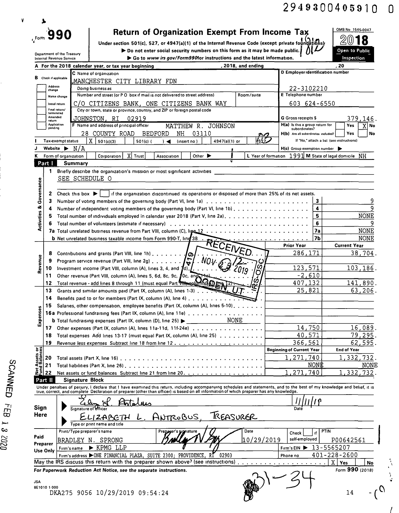 Image of first page of 2018 Form 990 for Manchester City Library Foundation