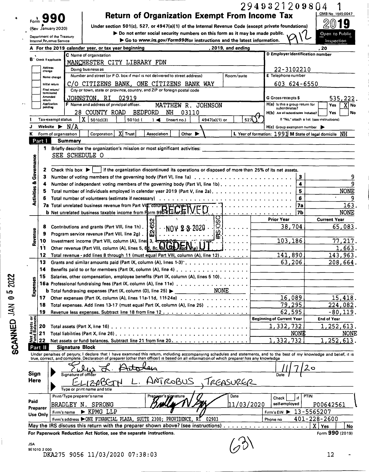 Image of first page of 2019 Form 990 for Manchester City Library Foundation