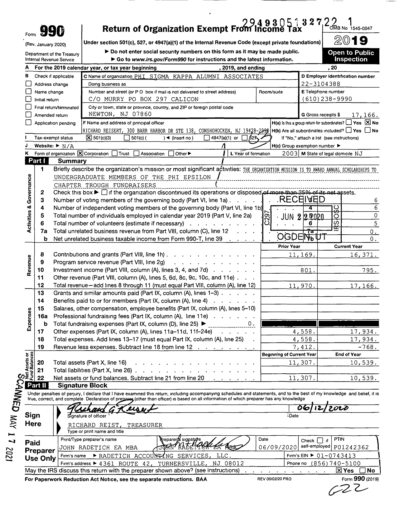 Image of first page of 2019 Form 990 for Phi Sigma Kappa Alumni Association