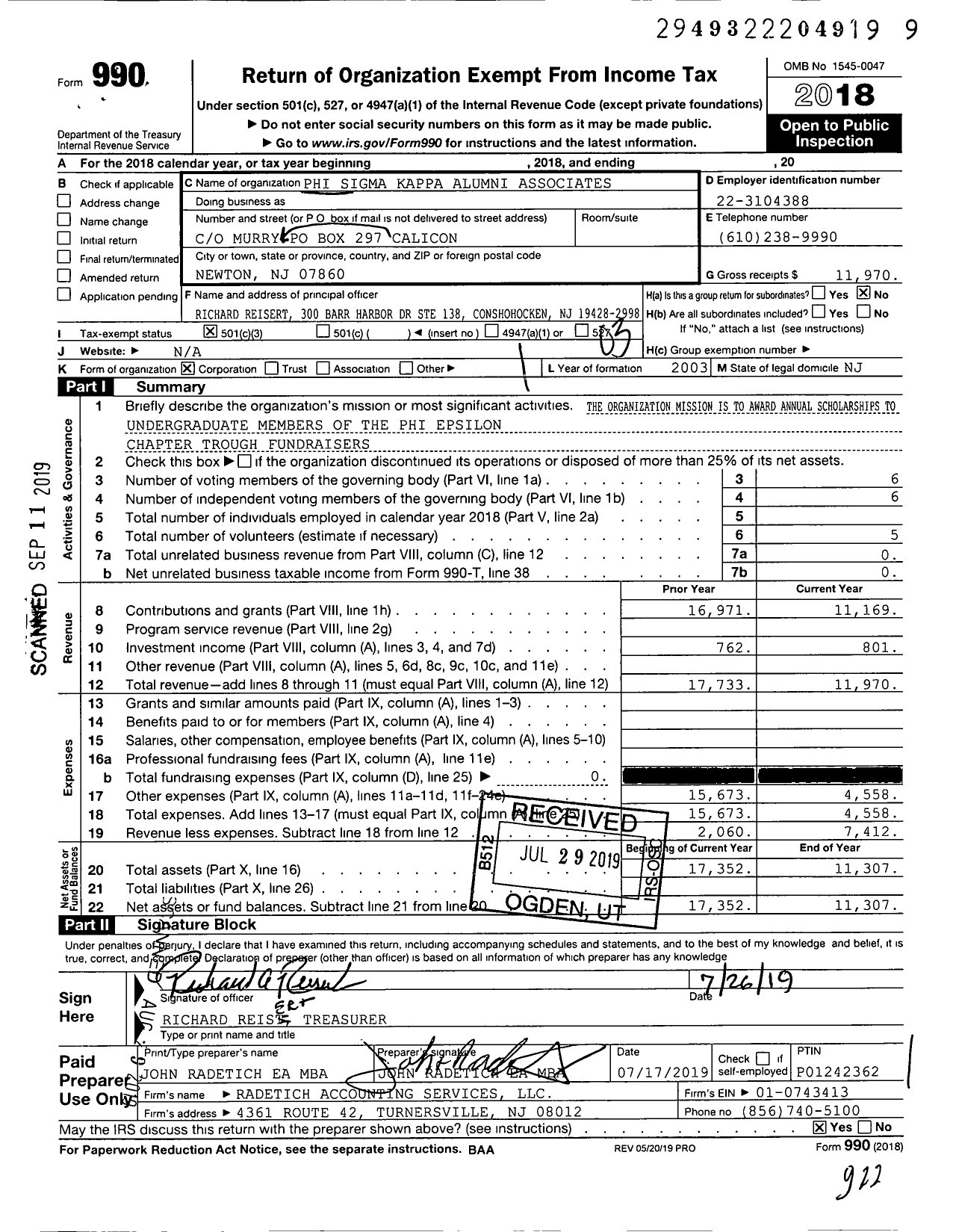 Image of first page of 2018 Form 990 for Phi Sigma Kappa Alumni Association