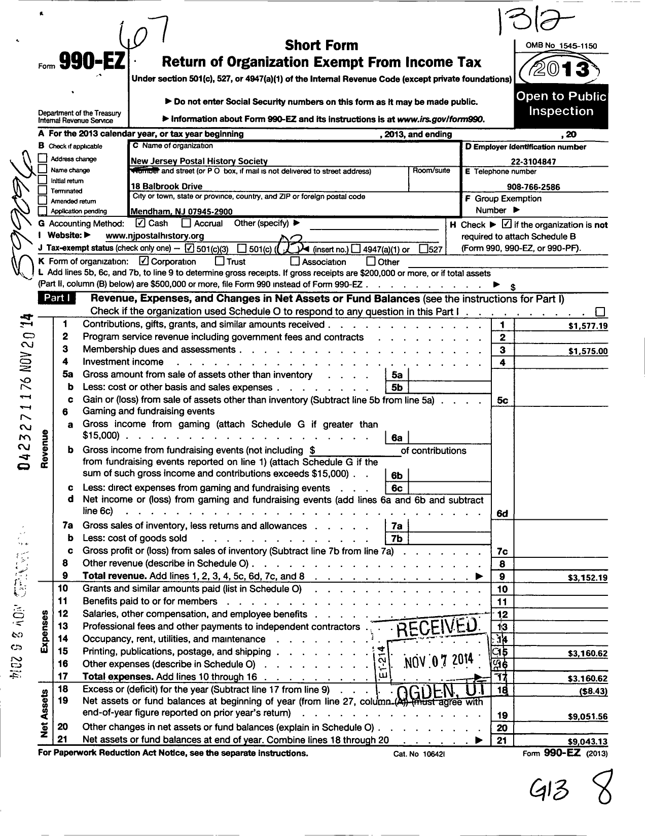 Image of first page of 2013 Form 990EZ for New Jersey Postal History Society