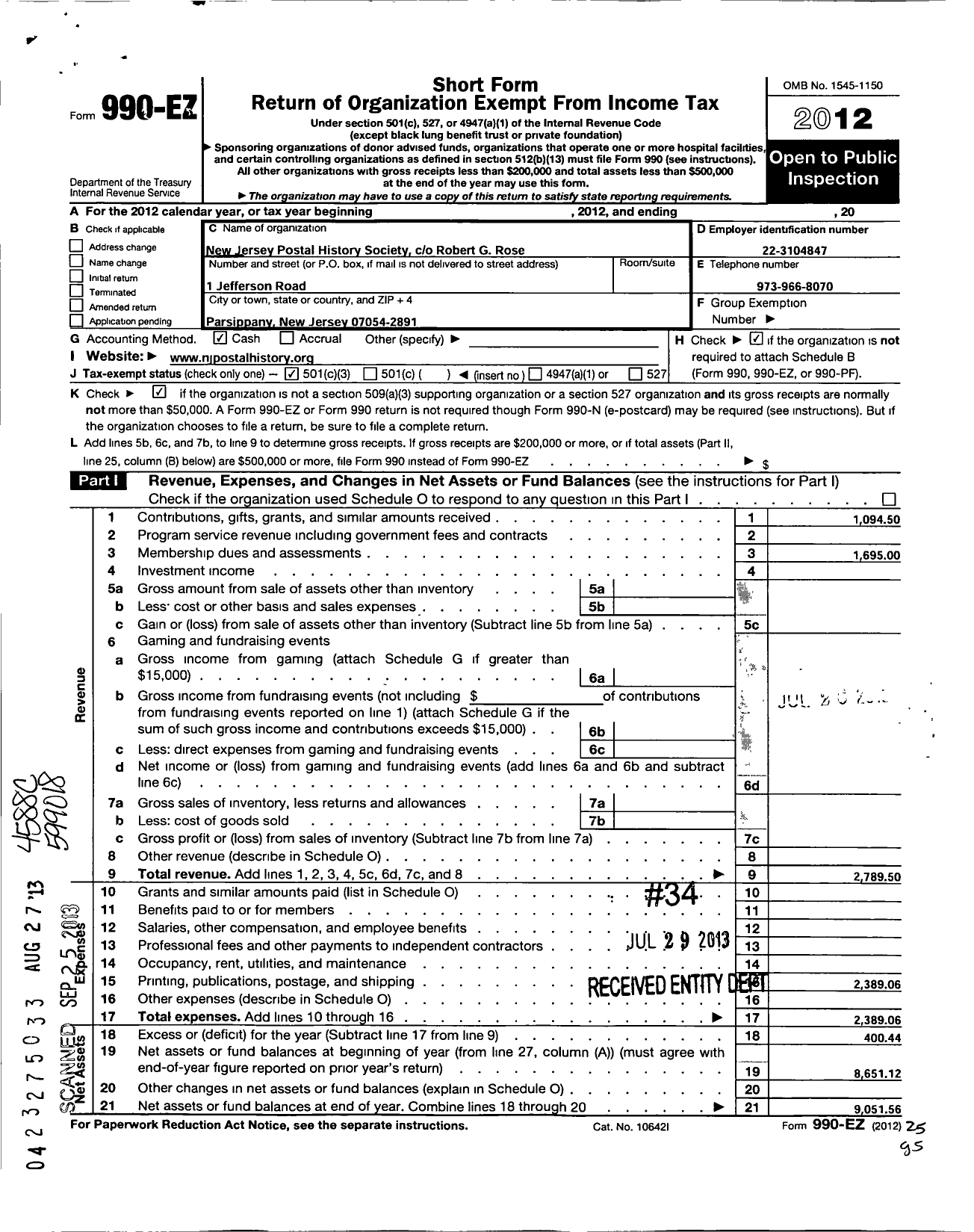 Image of first page of 2012 Form 990EZ for New Jersey Postal History Society