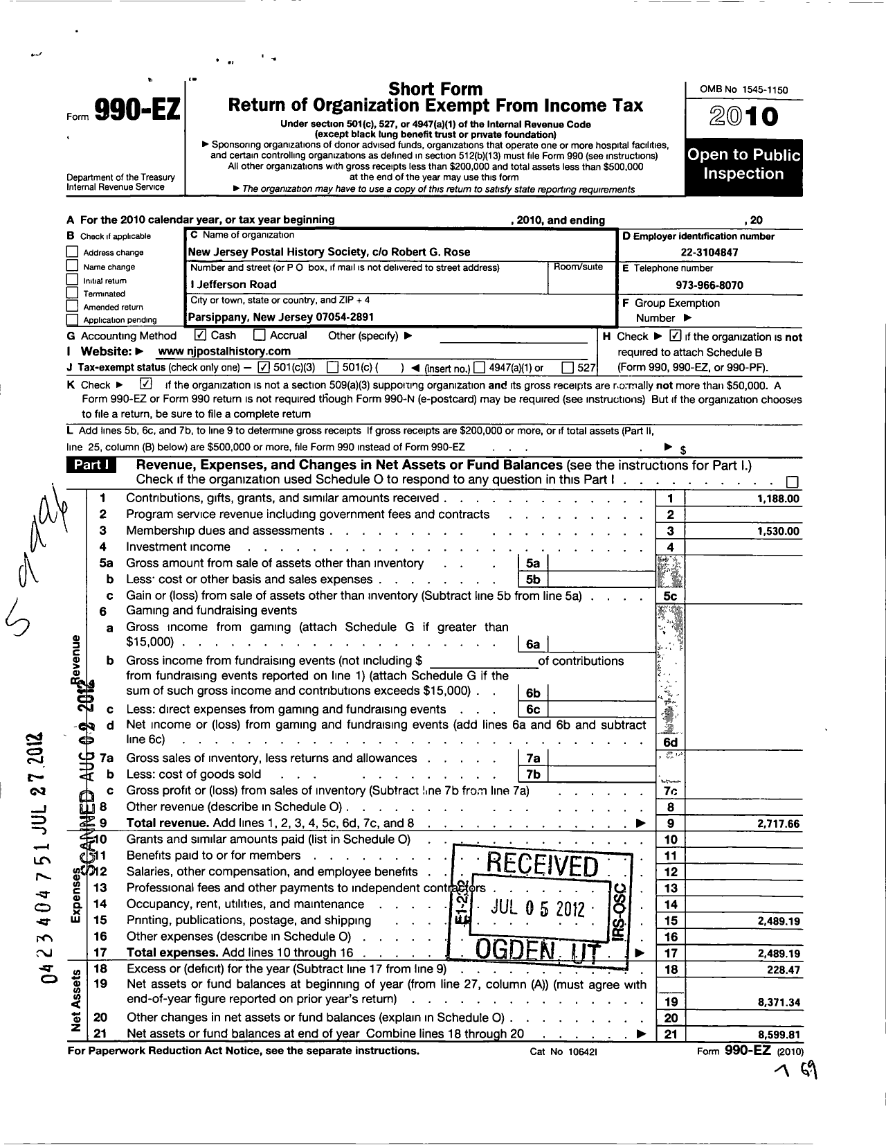 Image of first page of 2010 Form 990EZ for New Jersey Postal History Society