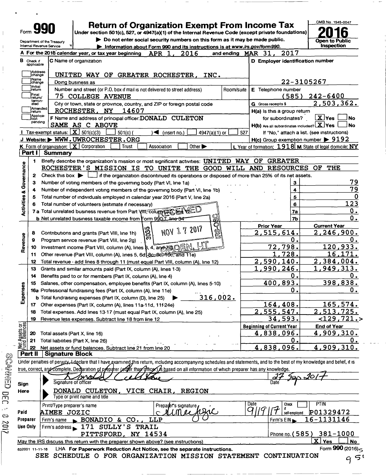Image of first page of 2016 Form 990 for United Way of Greater Rochester